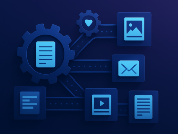 A layered content engine machine visualized as four interconnected gears and conveyor belts, transforming a single document into multiple content formats — social posts, emails, video scripts, and articles flowing outward. Abstract, no people. Modern digital illustration style with deep blue and purple gradient tones, subtle cyan accents, clean composition. Professional, polished, premium consultancy aesthetic. 16:9 format, no text overlays.