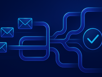 Abstract visualization of an automated email marketing funnel — digital envelopes flowing through a glowing pipeline system, branching into segmented paths that converge into a conversion symbol. Modern digital illustration style with deep blue and purple gradient tones, subtle cyan accents, clean composition. Professional, polished, premium consultancy aesthetic. MENA business context. 16:9 format, no text overlays.