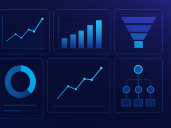 Abstract dashboard interface displaying analytics charts, data visualization graphs with upward trending lines, funnel diagrams, and attribution flow maps. Clean digital illustration style with deep blue and purple gradient tones, subtle cyan accents. Multiple interconnected data panels showing marketing channel performance metrics. Professional, polished, premium consultancy aesthetic. MENA business context. 16:9 format, no text overlays.