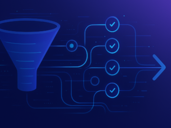 Abstract visualization of a sales pipeline funnel with AI data streams flowing through interconnected nodes, qualification checkpoints, and automated routing paths. Modern digital illustration style with deep blue and purple gradient tones, subtle cyan accents, clean composition. Professional, polished, premium consultancy aesthetic. MENA business context. 16:9 format, no text overlays.