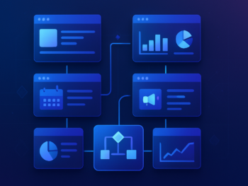 A modular diagram of interconnected digital marketing tools and data flows — content blocks, analytics dashboards, scheduling interfaces, and ad campaign panels — organized into four distinct layers flowing downward. Abstract geometric shapes representing workflow automation and system integration. Modern digital illustration style with deep blue and purple gradient tones, subtle cyan accents, clean composition. Professional, polished, premium consultancy aesthetic. MENA business context with bilingual interface cues. 16:9 format, no text overlays, no people.