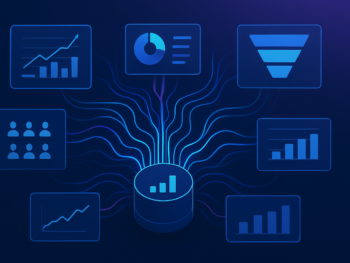 Abstract visualization of interconnected digital advertising dashboards and AI neural pathways flowing into a central analytics hub, representing Meta's algorithmic ad targeting system. Floating interface panels showing performance graphs, audience segments, and conversion funnels connected by glowing data streams. Modern digital illustration style with deep blue and purple gradient tones, subtle cyan accents, clean composition. Professional, polished, premium consultancy aesthetic. MENA business context. 16:9 format, no text overlays.