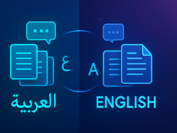 Split-screen composition showing Arabic and English text elements flowing together into a unified digital interface, with glowing document icons, speech bubbles, and language symbols merging seamlessly. Modern digital illustration style with deep blue and purple gradient tones, subtle cyan accents, clean composition. Professional, polished, premium consultancy aesthetic. MENA business context. 16:9 format, no text overlays.