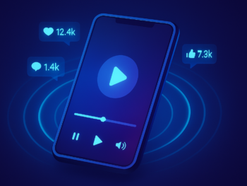 Abstract visualization of a mobile phone screen displaying a short-form video ad interface with play controls, floating engagement metrics, and glowing audience targeting rings expanding outward. Modern digital illustration style with deep blue and purple gradient tones, subtle cyan accents, clean composition. Professional, polished, premium consultancy aesthetic. MENA business context. 16:9 format, no text overlays.