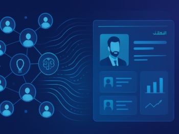 Abstract visualization of professional networking and AI-powered content creation: interconnected nodes representing people and ideas, flowing data streams, a clean dashboard interface with LinkedIn-style profile cards and analytics. Modern digital illustration style with deep blue and purple gradient tones, subtle cyan accents, clean composition. Professional, polished, premium consultancy aesthetic. MENA business context with Arabic and English bilingual interface cues. 16:9 format, no text overlays.