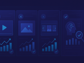Abstract visualization of multiple ad creative variants being tested and compared — split-screen panels showing different visual formats (video, static, carousel) with data analytics overlays, performance metrics, and AI-driven selection indicators. Modern digital illustration style with deep blue and purple gradient tones, subtle cyan accents, clean composition. Professional, polished, premium consultancy aesthetic. MENA business context. 16:9 format, no text overlays.