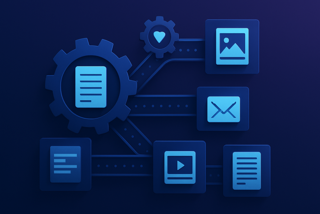 A layered content engine machine visualized as four interconnected gears and conveyor belts, transforming a single document into multiple content formats — social posts, emails, video scripts, and articles flowing outward. Abstract, no people. Modern digital illustration style with deep blue and purple gradient tones, subtle cyan accents, clean composition. Professional, polished, premium consultancy aesthetic. 16:9 format, no text overlays.
