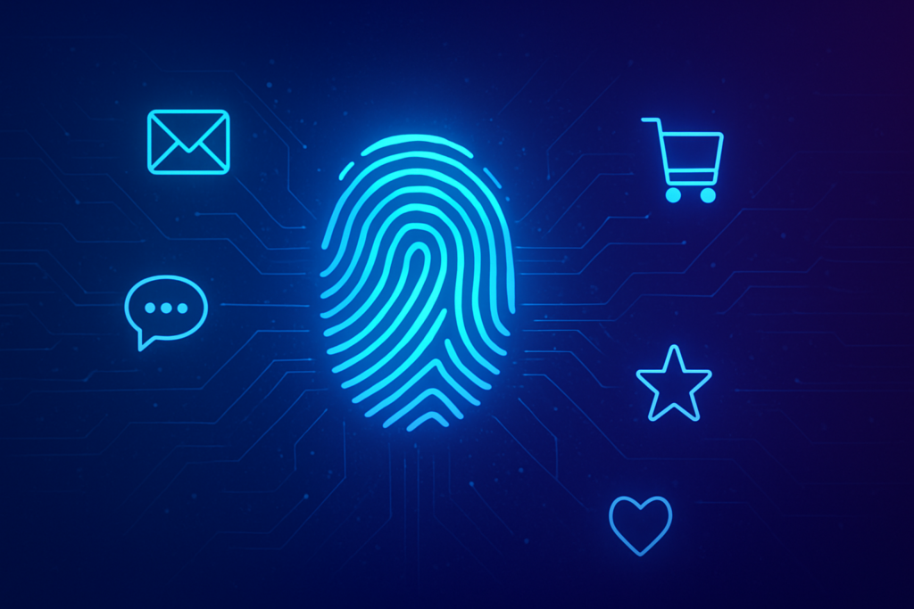 A glowing digital fingerprint at the center, radiating outward into personalized pathways — each path showing different icons (email envelope, chat bubble, shopping cart, star rating, heart). Abstract data streams connecting them all. No people. Modern digital illustration style with deep blue and purple gradient tones, subtle cyan accents, clean composition. Professional, polished, premium consultancy aesthetic. 16:9 format, no text overlays.