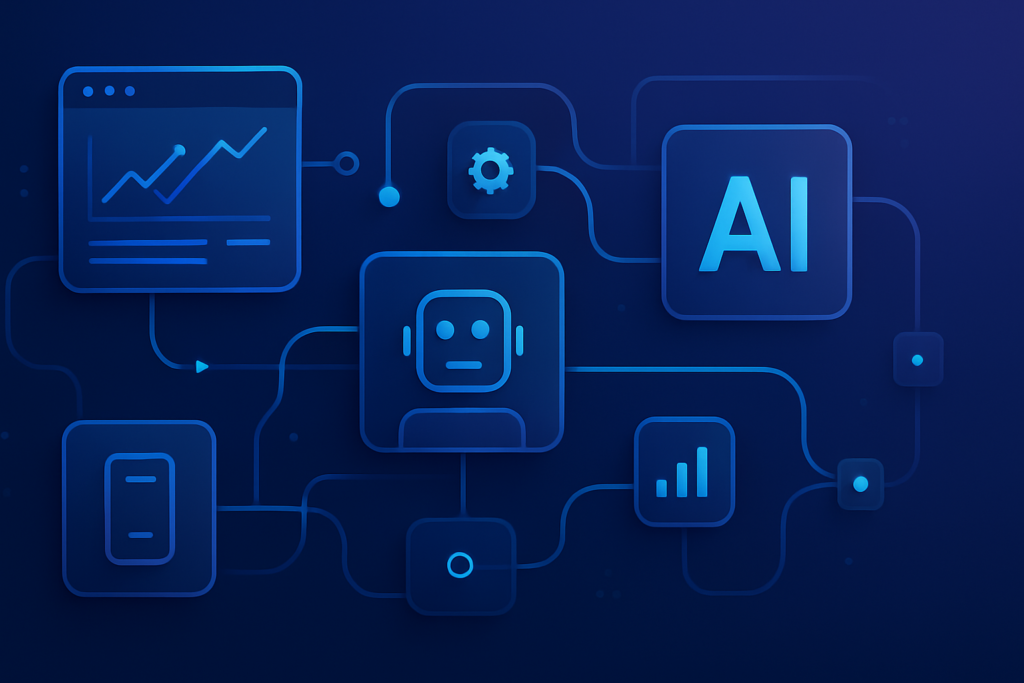Abstract visualization of interconnected AI workflow nodes and automation pipelines — digital dashboards, flowing data streams, and modular system blocks linked together in a clean network. Modern digital illustration style with deep blue and purple gradient tones, subtle cyan accents, clean composition. Professional, polished, premium consultancy aesthetic. MENA business context. 16:9 format, no text overlays.