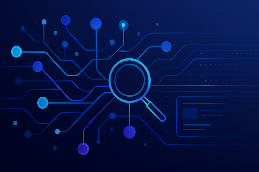 Abstract visualization of AI search and digital discovery: interconnected nodes forming a search network with glowing blue and purple gradient pathways, data streams flowing through a clean minimal landscape, subtle magnifying glass motif integrated into the composition. Modern digital illustration style with deep blue and purple gradient tones, subtle cyan accents, clean composition. Professional, polished, premium consultancy aesthetic. MENA business context with modern office dashboard elements. 16:9 format, no text overlays.