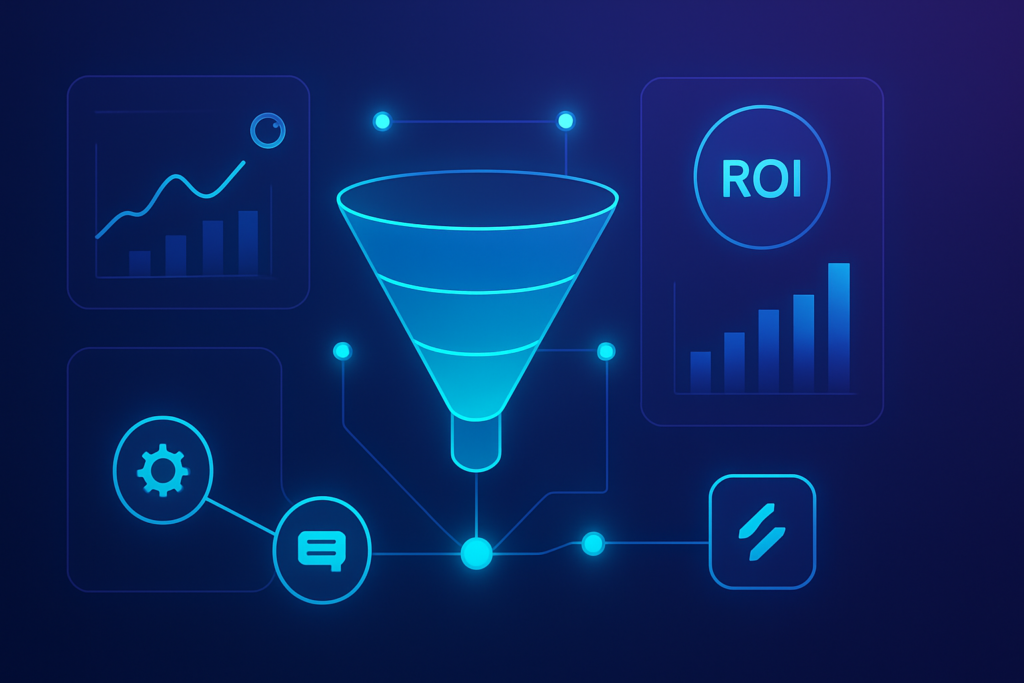 Abstract dashboard interface showing marketing analytics metrics, ROI charts, and connected data flows between AI-powered marketing tools. Clean minimal layout with glowing data nodes and conversion funnel visualization. Modern digital illustration style with deep blue and purple gradient tones, subtle cyan accents, clean composition. Professional, polished, premium consultancy aesthetic. MENA business context. 16:9 format, no text overlays.