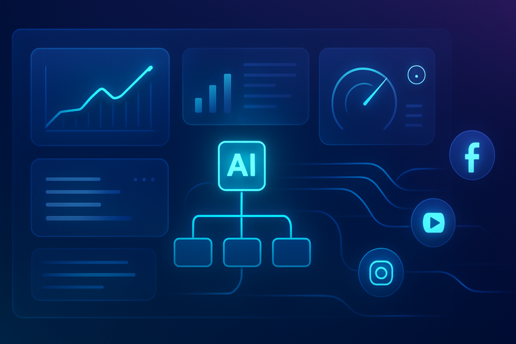 Abstract digital dashboard interface showing campaign performance metrics, AI automation workflows, and data streams flowing between social media ad platform icons. Glowing analytics panels with charts and optimization signals. Modern digital illustration style with deep blue and purple gradient tones, subtle cyan accents, clean composition. Professional, polished, premium consultancy aesthetic. MENA business context. 16:9 format, no text overlays.