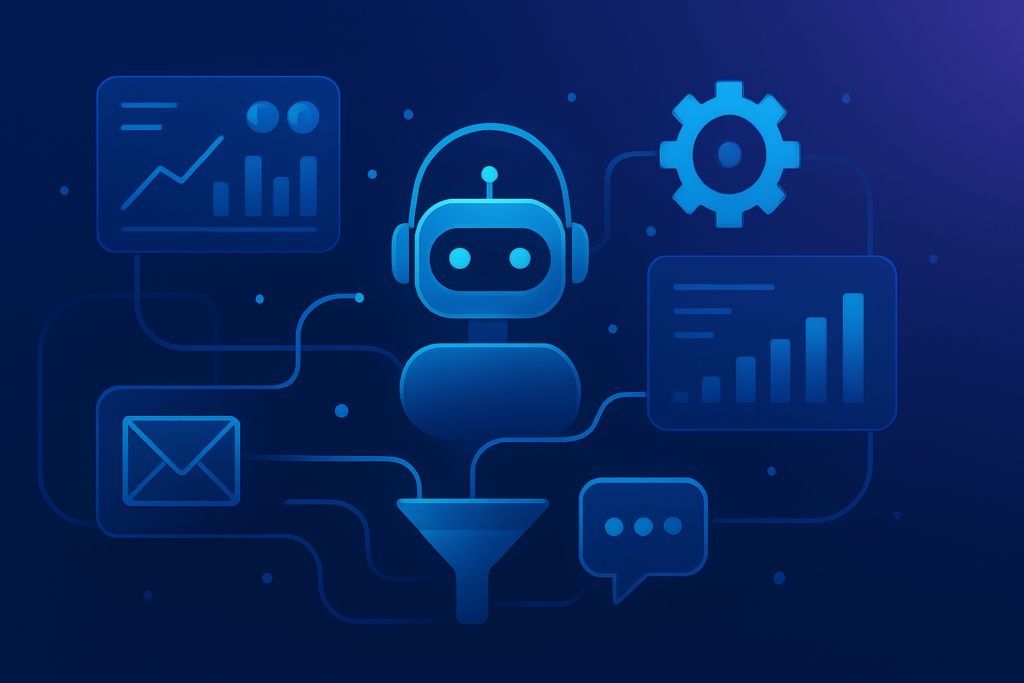 Abstract visualization of autonomous AI agents orchestrating marketing workflows: interconnected nodes and data streams flowing between dashboards, automation pipelines, and communication channels. Modern digital illustration style with deep blue and purple gradient tones, subtle cyan accents, clean composition. Professional, polished, premium consultancy aesthetic. MENA business context. 16:9 format, no text overlays.