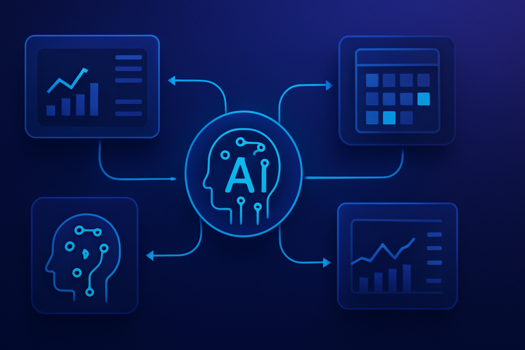 Abstract visualization of interconnected AI agent nodes forming an autonomous marketing workflow: data flowing between dashboards, content calendars, and analytics screens in a seamless loop. Modern digital illustration style with deep blue and purple gradient tones, subtle cyan accents, clean composition. Professional, polished, premium consultancy aesthetic. MENA business context. 16:9 format, no text overlays.