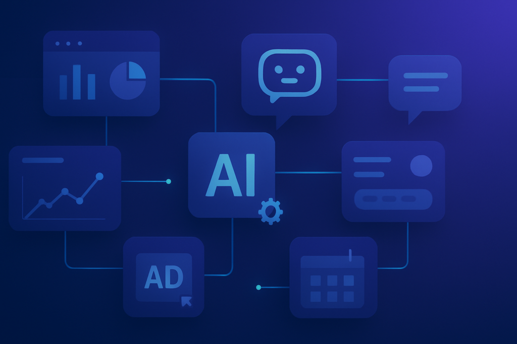 A network of interconnected digital nodes and workflow pipelines representing AI agents automating marketing tasks — dashboards, chat bubbles, ad metrics, and scheduling interfaces floating in a clean abstract composition. Modern digital illustration style with deep blue and purple gradient tones, subtle cyan accents, clean composition. Professional, polished, premium consultancy aesthetic. MENA business context. 16:9 format, no text overlays.