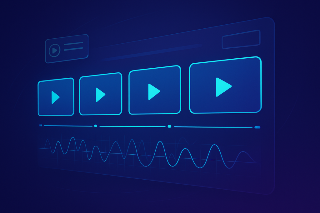 Abstract visualization of AI video production: a floating digital timeline with glowing video frames arranged in a clean dashboard layout, overlaid with subtle waveform and play-button motifs. Modern digital illustration style with deep blue and purple gradient tones, subtle cyan accents, clean composition. Professional, polished, premium consultancy aesthetic. MENA business context. 16:9 format, no text overlays.