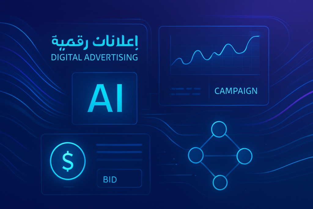 Abstract visualization of AI-powered digital advertising — glowing dashboard interface with flowing data streams, bid auction nodes, and campaign performance graphs. Deep blue and purple gradient tones with subtle cyan accents, clean composition. Professional, polished, premium consultancy aesthetic. MENA business context with Arabic and English interface elements. Modern digital illustration style, 16:9 format, no text overlays, no people.