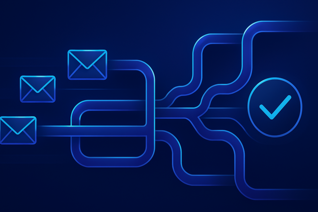 Abstract visualization of an automated email marketing funnel — digital envelopes flowing through a glowing pipeline system, branching into segmented paths that converge into a conversion symbol. Modern digital illustration style with deep blue and purple gradient tones, subtle cyan accents, clean composition. Professional, polished, premium consultancy aesthetic. MENA business context. 16:9 format, no text overlays.