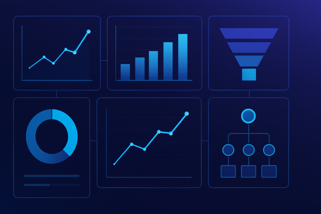 Abstract dashboard interface displaying analytics charts, data visualization graphs with upward trending lines, funnel diagrams, and attribution flow maps. Clean digital illustration style with deep blue and purple gradient tones, subtle cyan accents. Multiple interconnected data panels showing marketing channel performance metrics. Professional, polished, premium consultancy aesthetic. MENA business context. 16:9 format, no text overlays.