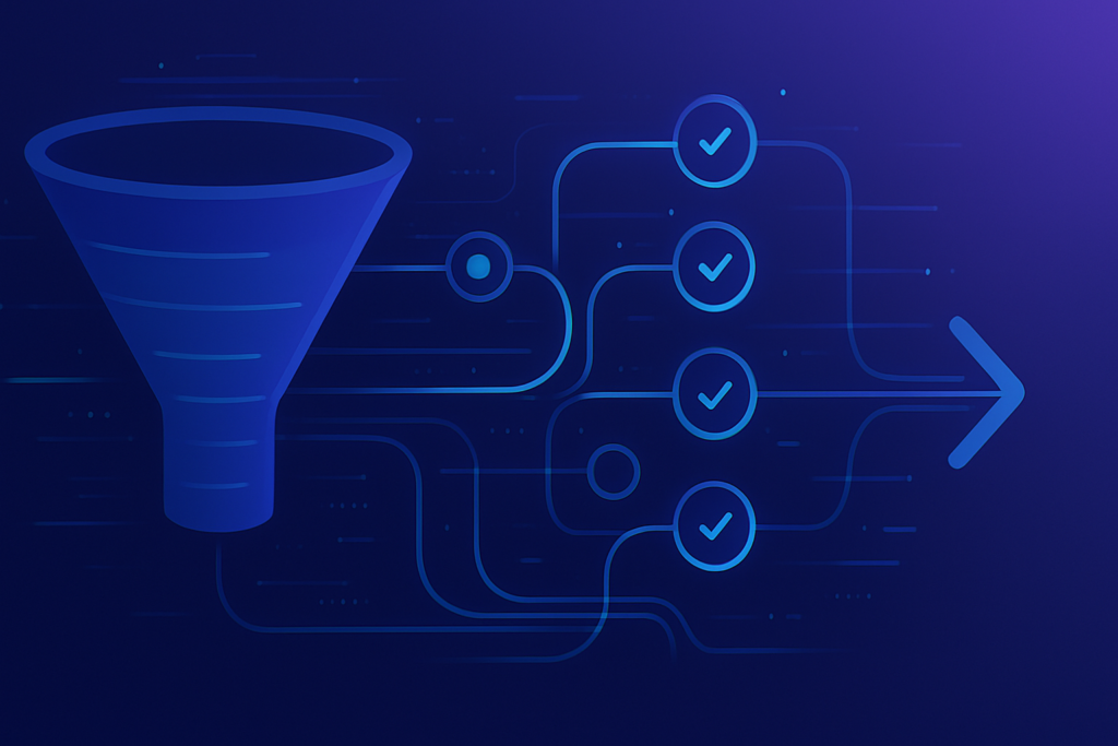 Abstract visualization of a sales pipeline funnel with AI data streams flowing through interconnected nodes, qualification checkpoints, and automated routing paths. Modern digital illustration style with deep blue and purple gradient tones, subtle cyan accents, clean composition. Professional, polished, premium consultancy aesthetic. MENA business context. 16:9 format, no text overlays.