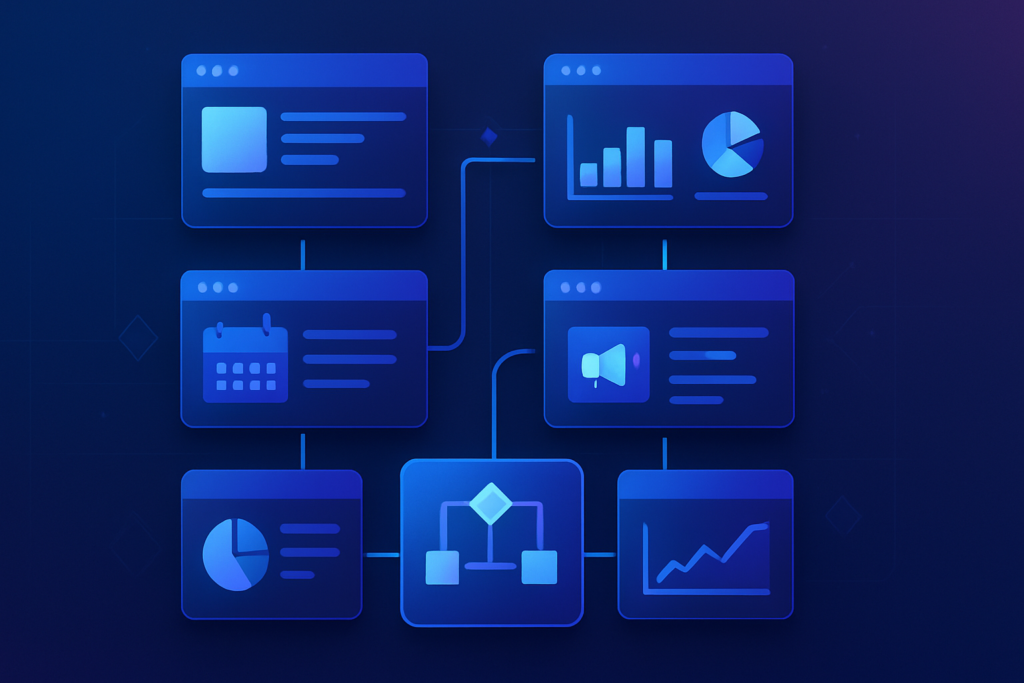 A modular diagram of interconnected digital marketing tools and data flows — content blocks, analytics dashboards, scheduling interfaces, and ad campaign panels — organized into four distinct layers flowing downward. Abstract geometric shapes representing workflow automation and system integration. Modern digital illustration style with deep blue and purple gradient tones, subtle cyan accents, clean composition. Professional, polished, premium consultancy aesthetic. MENA business context with bilingual interface cues. 16:9 format, no text overlays, no people.