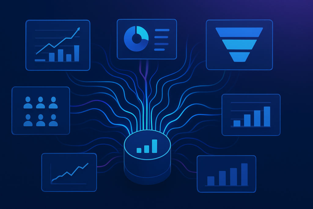 Abstract visualization of interconnected digital advertising dashboards and AI neural pathways flowing into a central analytics hub, representing Meta's algorithmic ad targeting system. Floating interface panels showing performance graphs, audience segments, and conversion funnels connected by glowing data streams. Modern digital illustration style with deep blue and purple gradient tones, subtle cyan accents, clean composition. Professional, polished, premium consultancy aesthetic. MENA business context. 16:9 format, no text overlays.