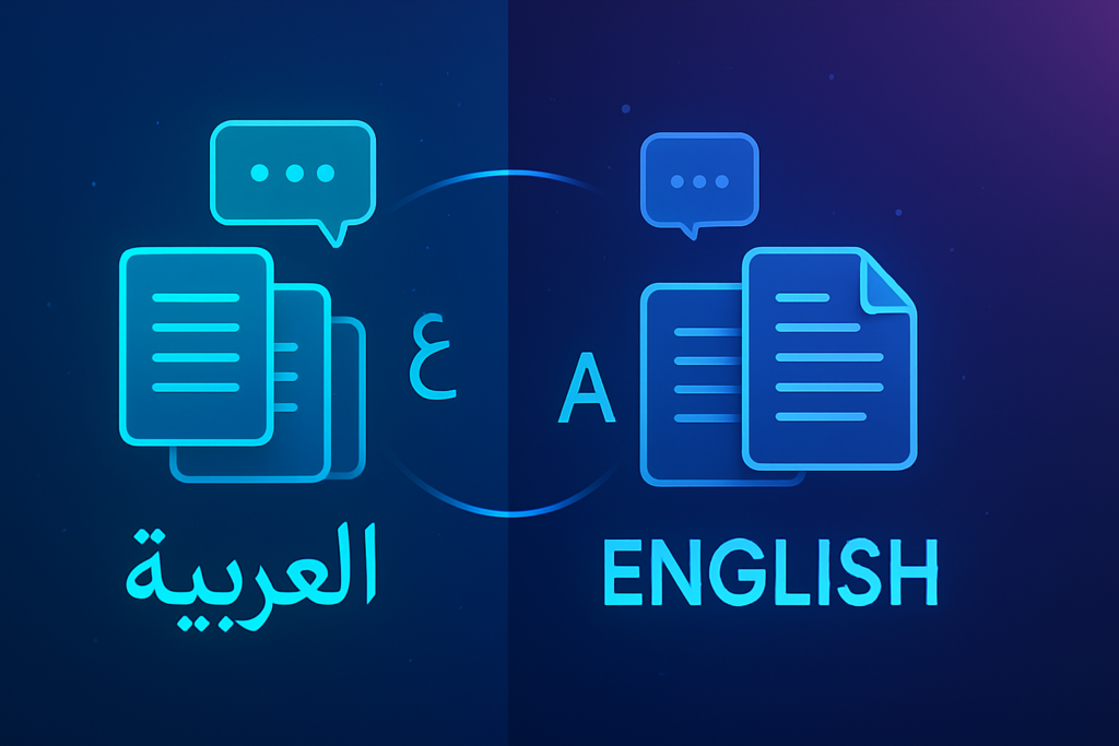 Split-screen composition showing Arabic and English text elements flowing together into a unified digital interface, with glowing document icons, speech bubbles, and language symbols merging seamlessly. Modern digital illustration style with deep blue and purple gradient tones, subtle cyan accents, clean composition. Professional, polished, premium consultancy aesthetic. MENA business context. 16:9 format, no text overlays.