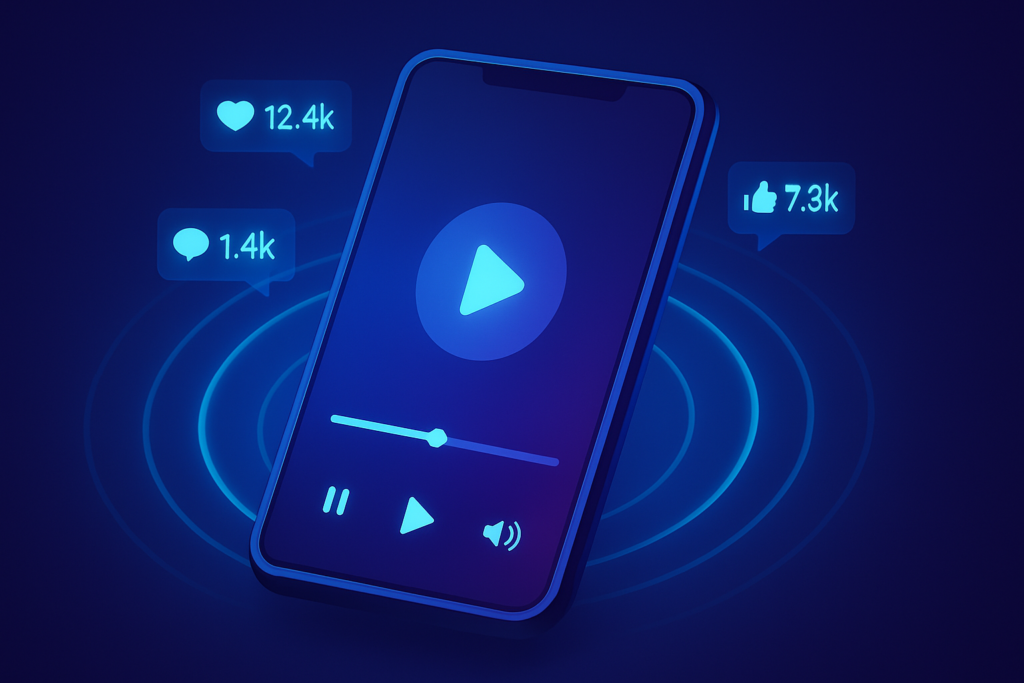 Abstract visualization of a mobile phone screen displaying a short-form video ad interface with play controls, floating engagement metrics, and glowing audience targeting rings expanding outward. Modern digital illustration style with deep blue and purple gradient tones, subtle cyan accents, clean composition. Professional, polished, premium consultancy aesthetic. MENA business context. 16:9 format, no text overlays.