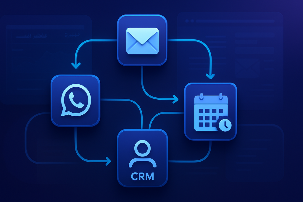Abstract visualization of interconnected automation workflows: nodes, arrows, and data flows linking icons representing WhatsApp, email, CRM, and content calendars. Modern digital illustration style with deep blue and purple gradient tones, subtle cyan accents, clean composition. Professional, polished, premium consultancy aesthetic. MENA business context with Arabic and English UI elements subtly visible on dashboard screens. 16:9 format, no text overlays, no people.