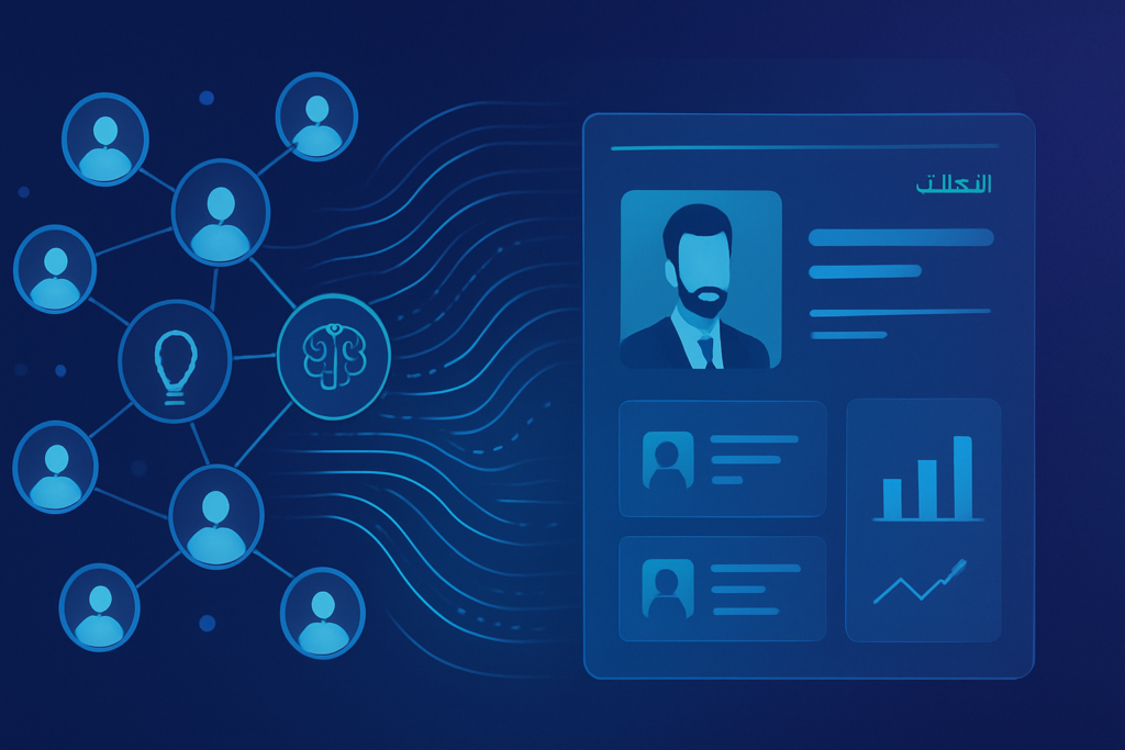 Abstract visualization of professional networking and AI-powered content creation: interconnected nodes representing people and ideas, flowing data streams, a clean dashboard interface with LinkedIn-style profile cards and analytics. Modern digital illustration style with deep blue and purple gradient tones, subtle cyan accents, clean composition. Professional, polished, premium consultancy aesthetic. MENA business context with Arabic and English bilingual interface cues. 16:9 format, no text overlays.