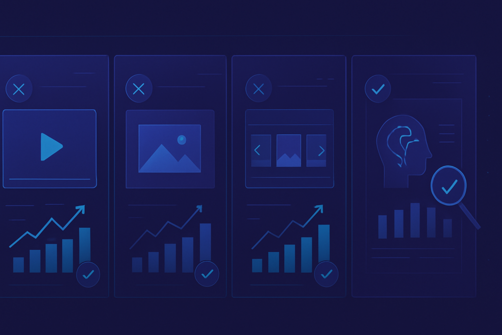 Abstract visualization of multiple ad creative variants being tested and compared — split-screen panels showing different visual formats (video, static, carousel) with data analytics overlays, performance metrics, and AI-driven selection indicators. Modern digital illustration style with deep blue and purple gradient tones, subtle cyan accents, clean composition. Professional, polished, premium consultancy aesthetic. MENA business context. 16:9 format, no text overlays.