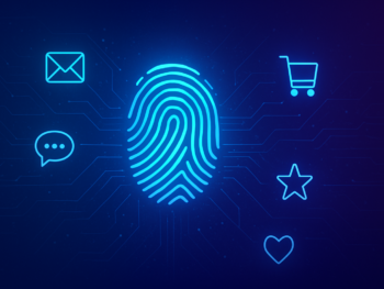 A glowing digital fingerprint at the center, radiating outward into personalized pathways — each path showing different icons (email envelope, chat bubble, shopping cart, star rating, heart). Abstract data streams connecting them all. No people. Modern digital illustration style with deep blue and purple gradient tones, subtle cyan accents, clean composition. Professional, polished, premium consultancy aesthetic. 16:9 format, no text overlays. A glowing digital fingerprint at the center, radiating outward into personalized pathways — each path showing different icons (email envelope, chat bubble, shopping cart, star rating, heart). Abstract data streams connecting them all. No people. Modern digital illustration style with deep blue and purple gradient tones, subtle cyan accents, clean composition. Professional, polished, premium consultancy aesthetic. 16:9 format, no text overlays.