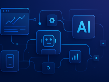 Abstract visualization of interconnected AI workflow nodes and automation pipelines — digital dashboards, flowing data streams, and modular system blocks linked together in a clean network. Modern digital illustration style with deep blue and purple gradient tones, subtle cyan accents, clean composition. Professional, polished, premium consultancy aesthetic. MENA business context. 16:9 format, no text overlays. Abstract visualization of interconnected AI workflow nodes and automation pipelines — digital dashboards, flowing data streams, and modular system blocks linked together in a clean network. Modern digital illustration style with deep blue and purple gradient tones, subtle cyan accents, clean composition. Professional, polished, premium consultancy aesthetic. MENA business context. 16:9 format, no text overlays.