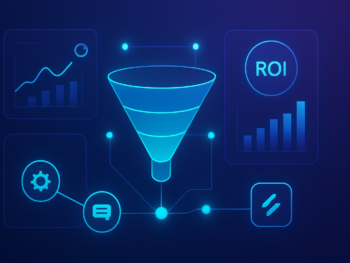 Abstract dashboard interface showing marketing analytics metrics, ROI charts, and connected data flows between AI-powered marketing tools. Clean minimal layout with glowing data nodes and conversion funnel visualization. Modern digital illustration style with deep blue and purple gradient tones, subtle cyan accents, clean composition. Professional, polished, premium consultancy aesthetic. MENA business context. 16:9 format, no text overlays. Abstract dashboard interface showing marketing analytics metrics, ROI charts, and connected data flows between AI-powered marketing tools. Clean minimal layout with glowing data nodes and conversion funnel visualization. Modern digital illustration style with deep blue and purple gradient tones, subtle cyan accents, clean composition. Professional, polished, premium consultancy aesthetic. MENA business context. 16:9 format, no text overlays.