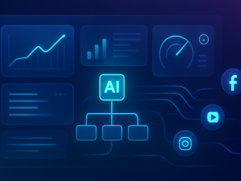 Abstract digital dashboard interface showing campaign performance metrics, AI automation workflows, and data streams flowing between social media ad platform icons. Glowing analytics panels with charts and optimization signals. Modern digital illustration style with deep blue and purple gradient tones, subtle cyan accents, clean composition. Professional, polished, premium consultancy aesthetic. MENA business context. 16:9 format, no text overlays. Abstract digital dashboard interface showing campaign performance metrics, AI automation workflows, and data streams flowing between social media ad platform icons. Glowing analytics panels with charts and optimization signals. Modern digital illustration style with deep blue and purple gradient tones, subtle cyan accents, clean composition. Professional, polished, premium consultancy aesthetic. MENA business context. 16:9 format, no text overlays.