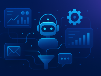 Abstract visualization of autonomous AI agents orchestrating marketing workflows: interconnected nodes and data streams flowing between dashboards, automation pipelines, and communication channels. Modern digital illustration style with deep blue and purple gradient tones, subtle cyan accents, clean composition. Professional, polished, premium consultancy aesthetic. MENA business context. 16:9 format, no text overlays. Abstract visualization of autonomous AI agents orchestrating marketing workflows: interconnected nodes and data streams flowing between dashboards, automation pipelines, and communication channels. Modern digital illustration style with deep blue and purple gradient tones, subtle cyan accents, clean composition. Professional, polished, premium consultancy aesthetic. MENA business context. 16:9 format, no text overlays.