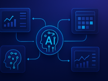 Abstract visualization of interconnected AI agent nodes forming an autonomous marketing workflow: data flowing between dashboards, content calendars, and analytics screens in a seamless loop. Modern digital illustration style with deep blue and purple gradient tones, subtle cyan accents, clean composition. Professional, polished, premium consultancy aesthetic. MENA business context. 16:9 format, no text overlays. Abstract visualization of interconnected AI agent nodes forming an autonomous marketing workflow: data flowing between dashboards, content calendars, and analytics screens in a seamless loop. Modern digital illustration style with deep blue and purple gradient tones, subtle cyan accents, clean composition. Professional, polished, premium consultancy aesthetic. MENA business context. 16:9 format, no text overlays.