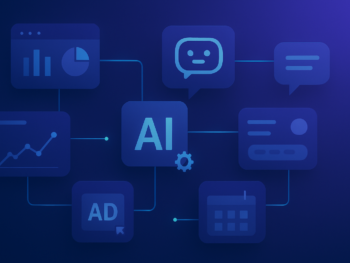 A network of interconnected digital nodes and workflow pipelines representing AI agents automating marketing tasks — dashboards, chat bubbles, ad metrics, and scheduling interfaces floating in a clean abstract composition. Modern digital illustration style with deep blue and purple gradient tones, subtle cyan accents, clean composition. Professional, polished, premium consultancy aesthetic. MENA business context. 16:9 format, no text overlays. A network of interconnected digital nodes and workflow pipelines representing AI agents automating marketing tasks — dashboards, chat bubbles, ad metrics, and scheduling interfaces floating in a clean abstract composition. Modern digital illustration style with deep blue and purple gradient tones, subtle cyan accents, clean composition. Professional, polished, premium consultancy aesthetic. MENA business context. 16:9 format, no text overlays.
