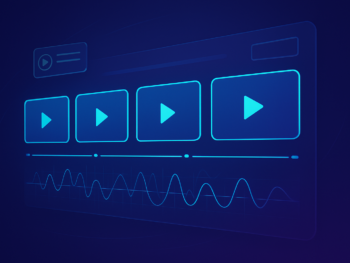 Abstract visualization of AI video production: a floating digital timeline with glowing video frames arranged in a clean dashboard layout, overlaid with subtle waveform and play-button motifs. Modern digital illustration style with deep blue and purple gradient tones, subtle cyan accents, clean composition. Professional, polished, premium consultancy aesthetic. MENA business context. 16:9 format, no text overlays. Abstract visualization of AI video production: a floating digital timeline with glowing video frames arranged in a clean dashboard layout, overlaid with subtle waveform and play-button motifs. Modern digital illustration style with deep blue and purple gradient tones, subtle cyan accents, clean composition. Professional, polished, premium consultancy aesthetic. MENA business context. 16:9 format, no text overlays.